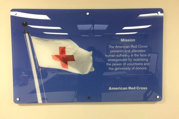 Red Cross Mission Statement Acrylic Panel with Stand-offs, Bellingham, WA